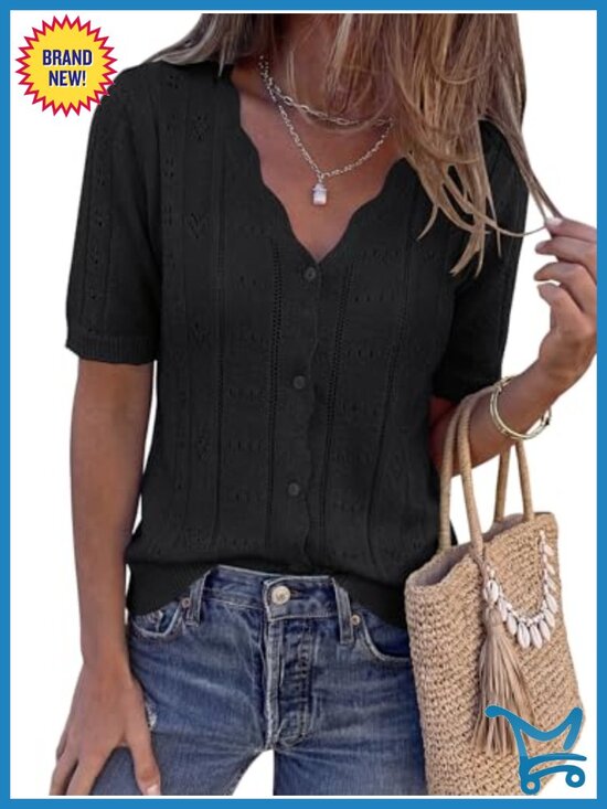 Sweaters - Short Sleeve Crochet Knit Cardigan Sweater Summer Button Down Lightweight